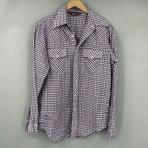 Vtg 70's Career Club Men's Work Shirt Pearl Snaps Western Size Medium 15 Plaid